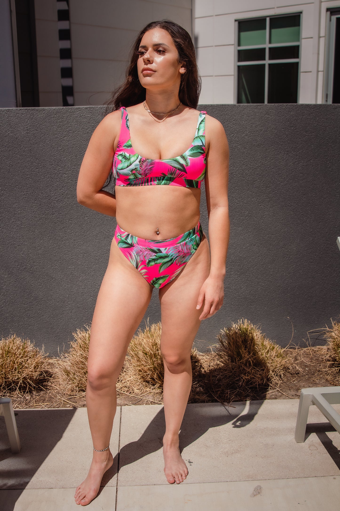Tropical Ribbed Scoop Top - Pink